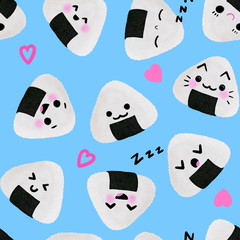 Seamless pattern with funny rice balls. On a blue background