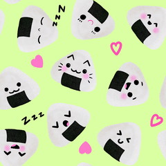 Seamless pattern with funny rice balls. On yellow background