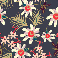 Vector floral seamless pattern with abstract hand drawn tropical flowers, leaves, branches. Summer jungle background. Modern doodle style texture. Repeated design for decoration, textile, swimwear