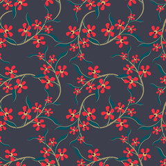 Vector seamless pattern with fantasy flowers, leaves, twigs. Elegant floral background. Simple ditsy texture. Liberty style wallpapers. Red, gold, dark blue, teal color. Repeat design for decor, print