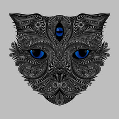 Vector blue-eyed cat with a third eye from patterns in the zentangle style