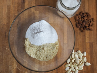Process of preparation marzipan paste top view on wooden table