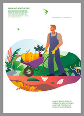 Happy Autumn. Gardening. Modern flat vector concept of an illustration of a person engaged in harvesting. Great for greeting cards, banners, invitations, and holiday events. Vector illustration.