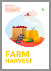 Vector Illustration of smart farm, ranch, agriculture, farming. Harvest of pumpkins, apples and corn. Thanksgiving day. vector illustration. Template for a poster, annual report.