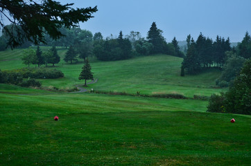 View of a Meadow Golf Course Hole on a Rainy Day