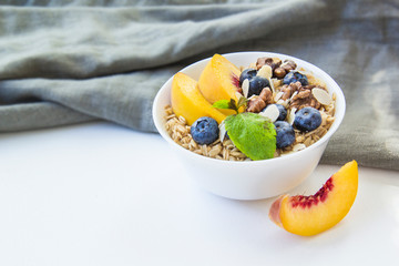 Oatmeal porridge with blueberries. Superfood for healthy nutritious breakfast