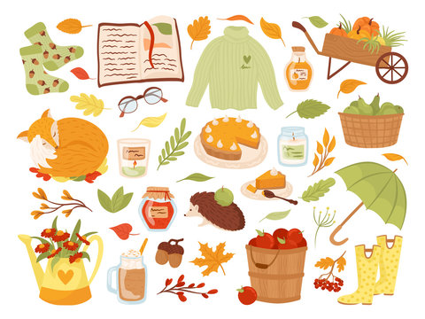 Set of cute autumn animal characters, plants and food vector illustration. Fall season. Fox, pumpkins, pie. Collection of autumnal scrapbook elements for party, harvest festival or Thanksgiving day.