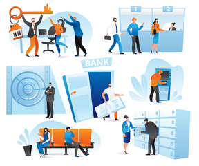 Obraz na płótnie Canvas Banking financial services in bank set of vector illustration. Credit payment, counter desk, cashier, consulting and queuing for ATM, currency exchange. Money and bank interior transactions.