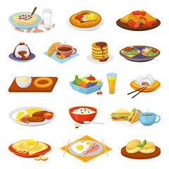 Classical hotel breakfast food menu meal set of isolated vector illustrations. Coffee, fried eggs bacon, toasts and orange juice, croissant, jam and cereal. Restaurant traditional breakfast food.