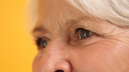 Macro shot of a green eye with wrinkles of an elderly woman. Side view. High quality photo