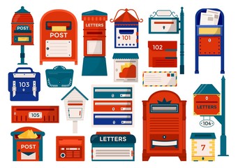 Mailboxes, letter boxes, pedestals for sending and receiving letters, correspondence, newspapers, magazines isolated vector illustration set. Postal mail box, letters mailing delivery service.