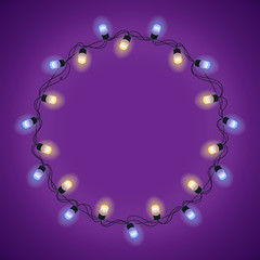 Glowing lights Wreath for Xmas Holiday Greeting Cards Design. Colourful Glowing Christmas Lights. Vector illustration.
