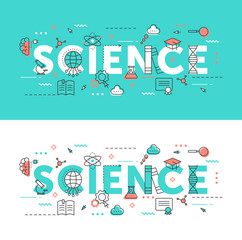 Naklejka premium Science word thin line vector illustration set. Flat infographic website design collection with scientific research educational symbols, school education elements