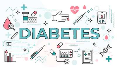 Diabetes mellitus word concept surrounded with line icons. Typography lettering design with outline signs for diabetes treatment, prevention and awareness. Landing page, banner for presentation or web