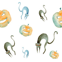Seamless pattern with pumpkins and cats. Watercolor Halloween pattern on a white background