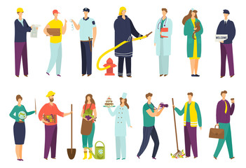 People professions, worker set of isolated icons, vector illustrations. Office worker, businessman, professional chef, doctor and fireman, pilot in uniform, carpenter, policeman and professor.