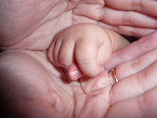 Baby s hand in the mother s palm. Together family.