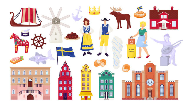 Sweden symbols set with Stockholm city buildings, sightseeings and landmarks, swedes people vector illustrations. Scandinavian culture, nordic ship, map and flag, travel souvenirs.