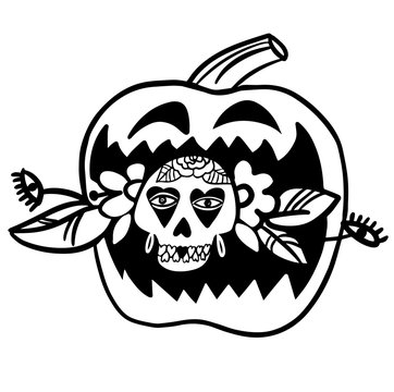 Halloween, Pumpkin decorated with a skull and flowers. Mexican sugar skull. Day of the dead. Dia de los muertos. Floral Decorated skull. Vector illustration. Doodle element for logo, label, emblem