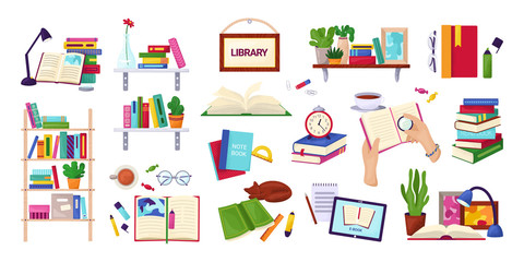 Reading books, education and library concept, set of isolated on white vector illustrations. Encyclopedia, textbook icons, stack of books, hands with notebook. Study and knowledge.