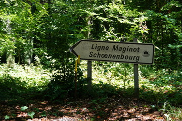 A direction shield pointing to Maginot line and its fortification Schoenenbourg in Eastern France on the Border with Germany. The shield is directing the visitors and tourists who come for sightseeing