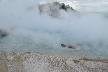 Late Spring in Yellowstone National Park: Edge of Excelsior Geyser Pool Glimpsed Through Dense Steam in Midway Geyser Basin