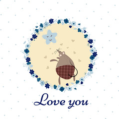 Vintage invitation card with mouses, floral frame, vector illustration