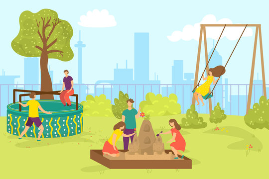 Playground in summer park, vector illustration. Cartoon childhood outdoor, children happy boy girl character play at nature. Kids people activity in kindergarten, cute kid at swing.