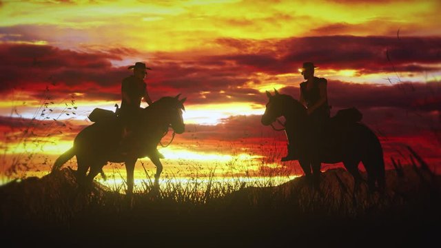 Two cowboys on horseback in a stunning sunset in the wild west. The horses rears up. 3d render character cartoon animation