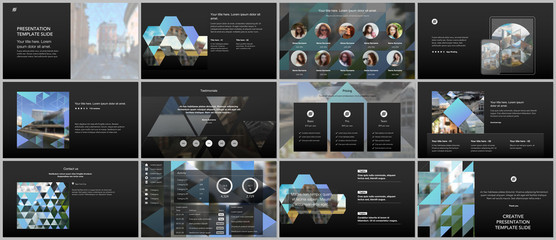 Vector templates for website design, presentations, portfolio. Templates with triangles, triangular pattern for presentation slides, flyer, leaflet, brochure cover. Backgrounds with place for photo.