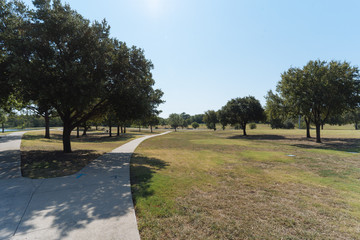 A concrete path in a Texas city park on a sunny August day.