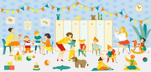 Teacher with kindergarten class, classrom interior vector illustration. Group kid education in childhood, cartoon preschool with boy girl character. Little people children in room, play with toy.