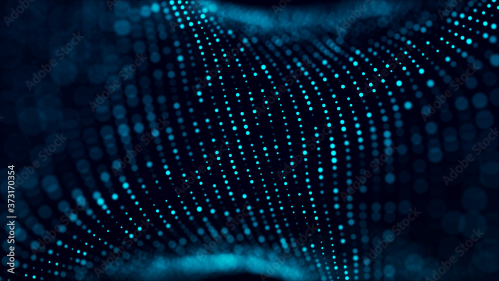 Poster Digital technology. Futuristic background of glowing particles in motion. Large amount of data. 3D rendering.