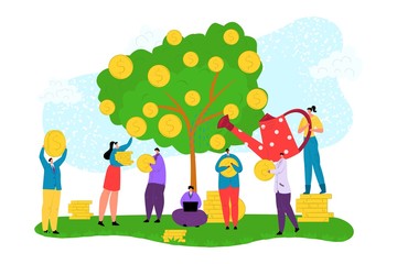 Money business investment coin tree, vector illustration. Cartoon financial profit concept, flat finance wealth concept. Businessman woman people pick banking cash income, currency growth.