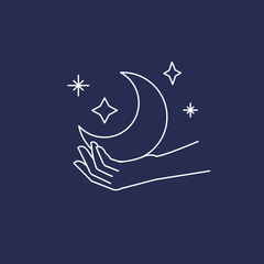 Woman's hand holding moon and stars, magic mystical symbol. Abstract logo template for your design, line art style. Vector illustration