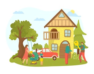Obraz na płótnie Canvas House property purchase or rent home for family vector illustration. Woman man character near new real estate cartoon building. Person buy apartment at flat realtor, business agent.
