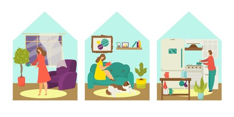 Quarantine infection avoid, woman stay at home concept vector illustration. Person at house, coronavirus self isolation, people at virus protection set. Epidemic design, cartoon character in room.