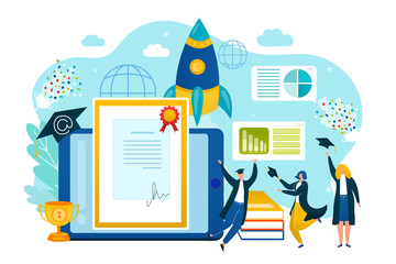 University student get success education diploma, school college learning vector illustration. People character with knowledge degree concept. Graduation celebration with academic hat.