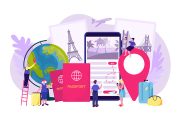 Travel vacation booking, flat journey trip vector illustration. Online tourism service, people reserve flight ticket for holiday in internet design. Man woman use booking mobile technology.