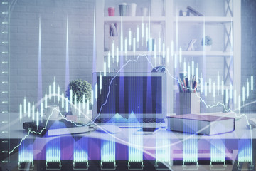 Double exposure of financial graph drawing and office interior background. Concept of stock market.