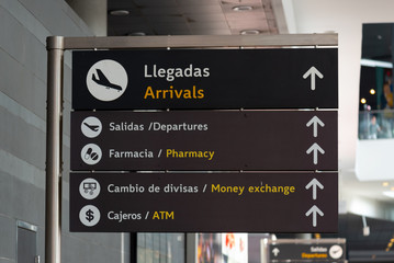 Signage board for the arrival and departure areas of passengers such as automatic cash boxes and...