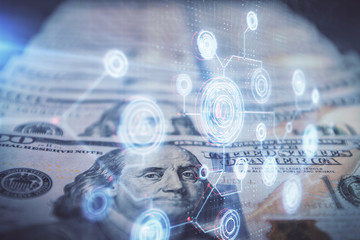 Double exposure of data theme drawing over us dollars bill background. Technology concept.