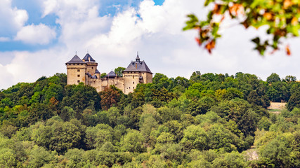 Fototapeta na wymiar Burg Malbrouck mit Ast im Vordergrund
