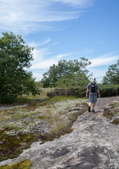Fototapeta premium Man hiking a beautiful bedrock trail at Torrance Barrens conservation area 