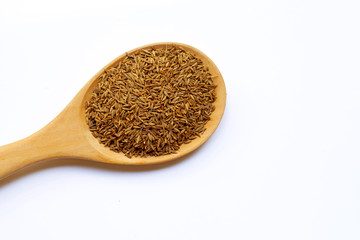 Cumin or caraway seeds on white background.