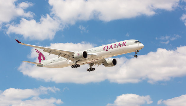 Chicago, USA - April 15, 2020: Airbus A350 aircraft of Qatar Airways landing at O'Hare International Airport. 