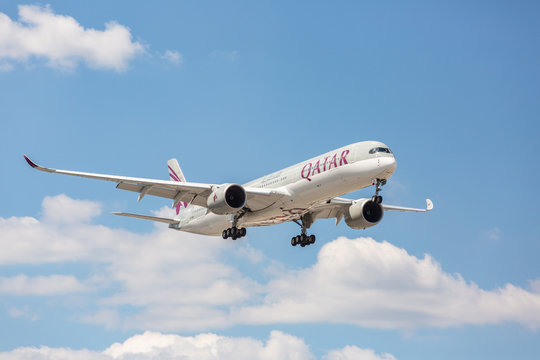 Chicago, USA - April 15, 2020: Airbus A350 aircraft of Qatar Airways landing at O'Hare International Airport. 
