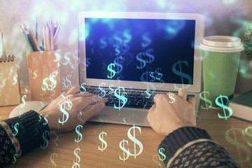 Double exposure of woman hands typing on computer and forex chart hologram drawing. Stock market...
