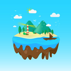 Floating island in flat illustration with beach landscape and lighthouse. beach panorama illustration. Summer vector background fit for cover, illustration, banner, poster ect.