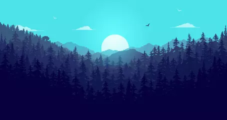 Keuken spatwand met foto Turkoois Wilderness forest and sun. Landscape with mountains, sunrise and blue sky early morning. Calm background vector illustration.  © Knut